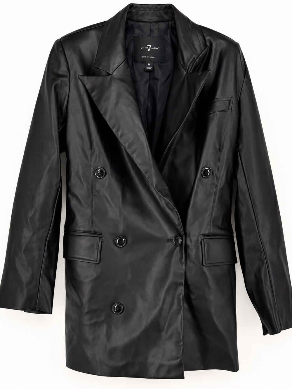 7 For All Mankind Black Faux Leather Double-Breasted Blazer Jacket